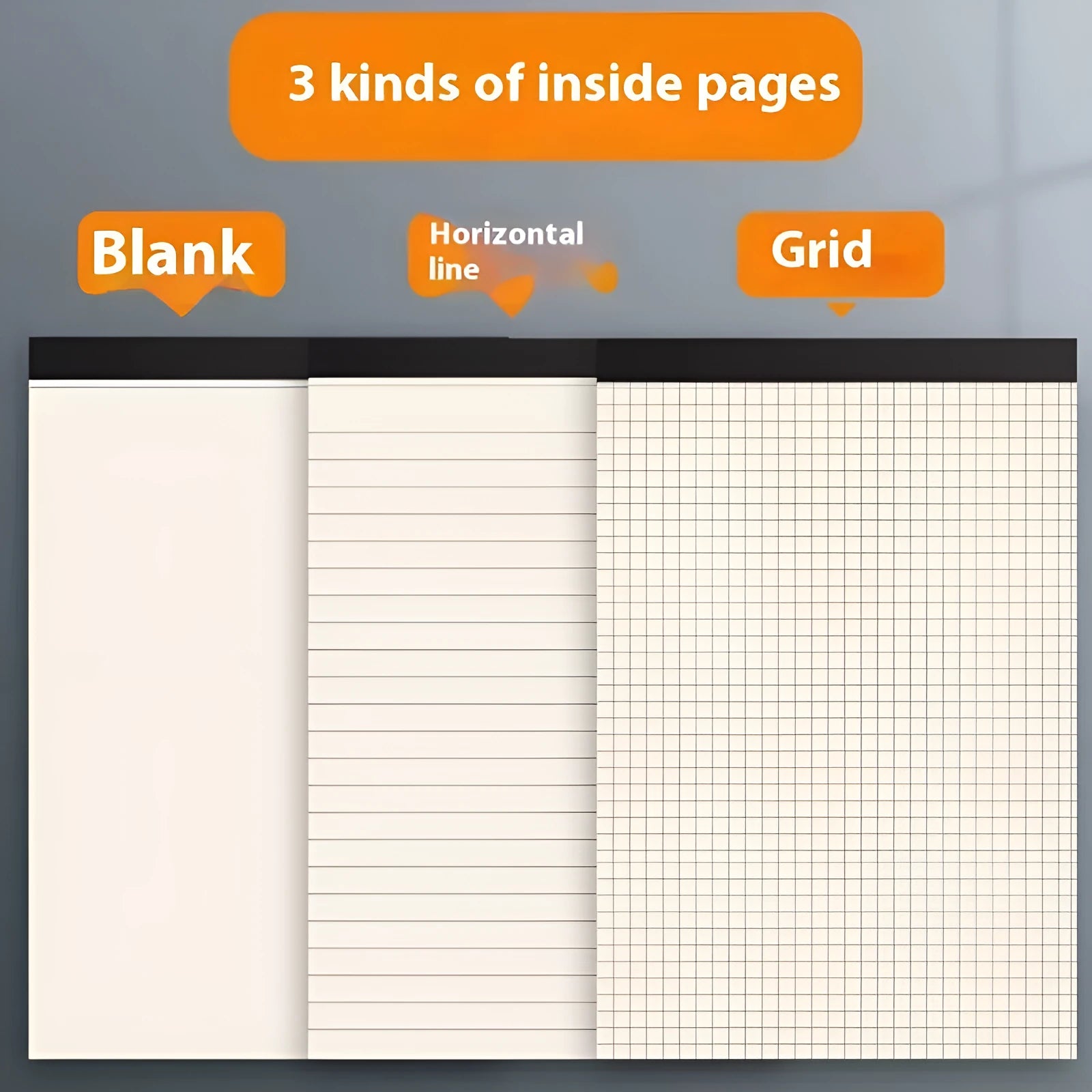 A5, B5, and A4 writing pads with 80 sheets, available in blank, grid, or horizontal line rulings.