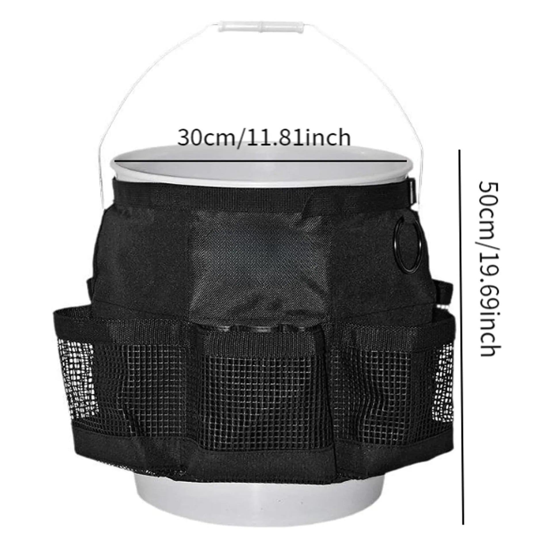 Black cylindrical hanging storage bag designed for 5 gallon barrels with car washing tools