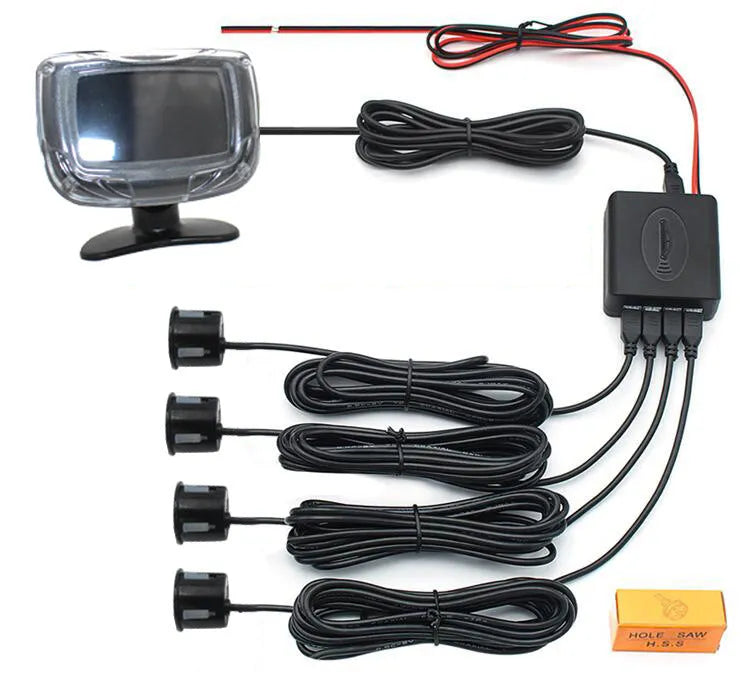 Black wireless reversing sensor kit for cars with digital display unit and four round probes