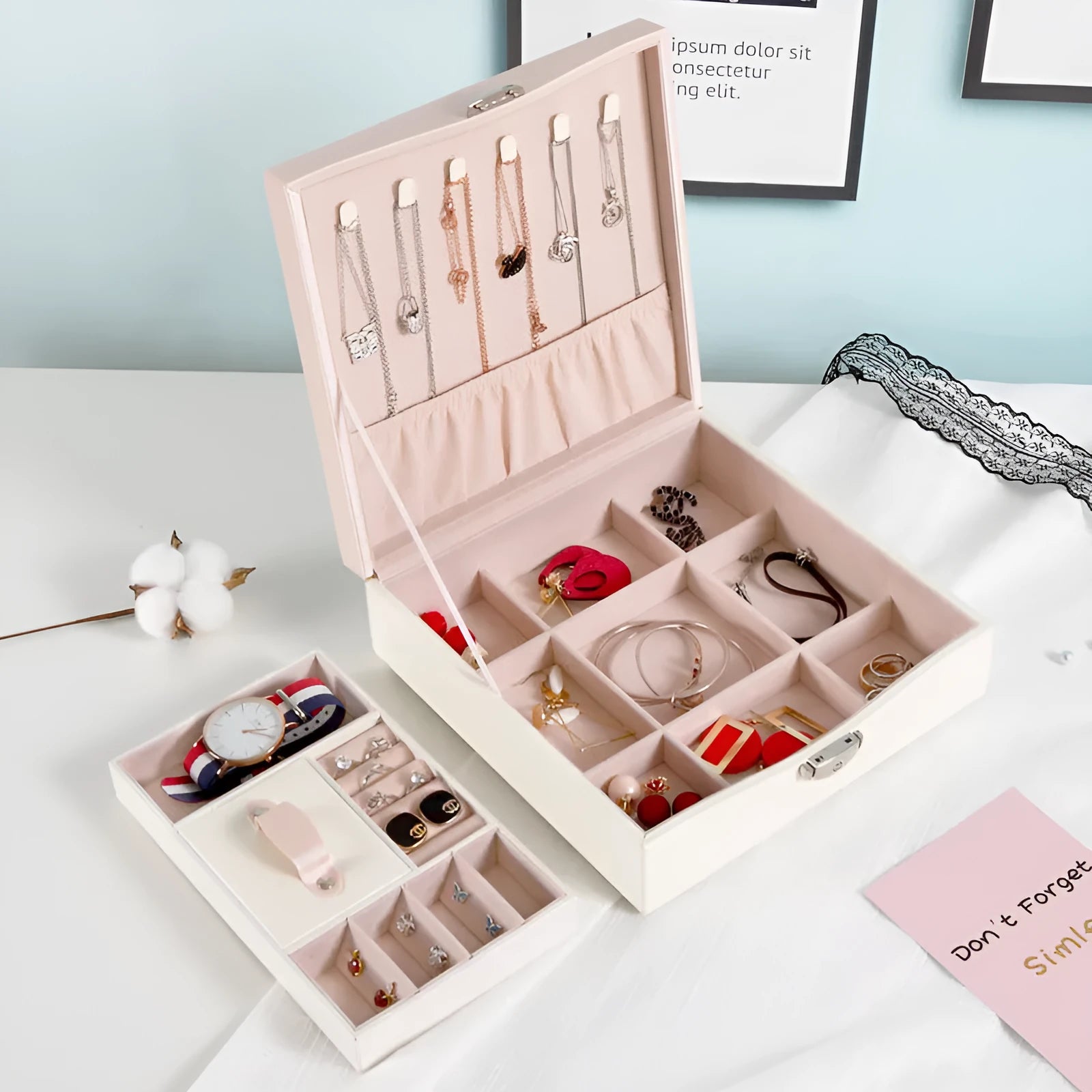 Minimalist red and white jewellery storage box for necklaces and rings