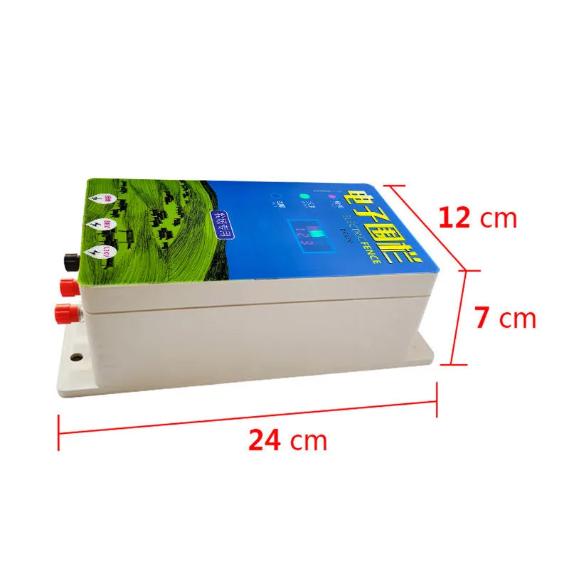 Electronic alarm host unit for a high-voltage livestock electric fence system with charger and ear clips.