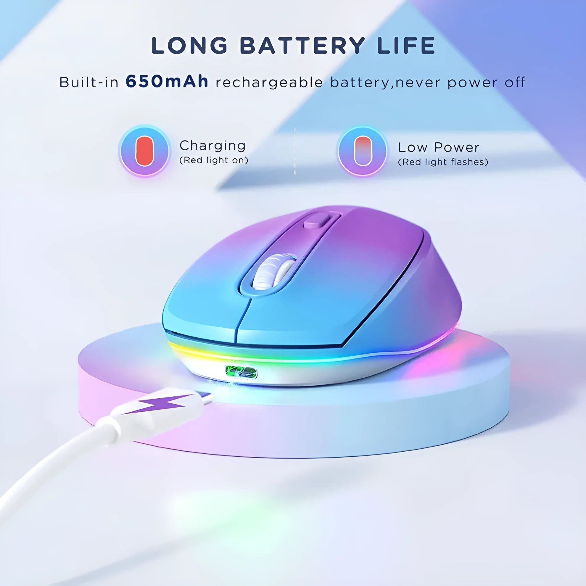 24g rechargeable wireless mouse in various colours showing ergonomic shape and USB cable