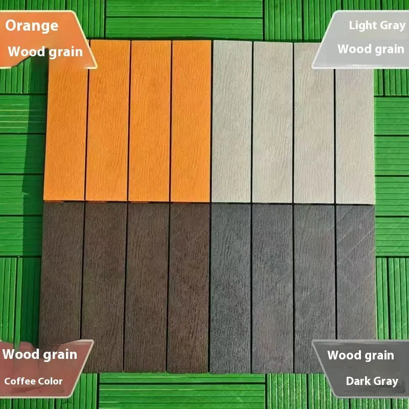 Pack of ten wood grain plastic floor tiles showing splicing edges and non-slip texture