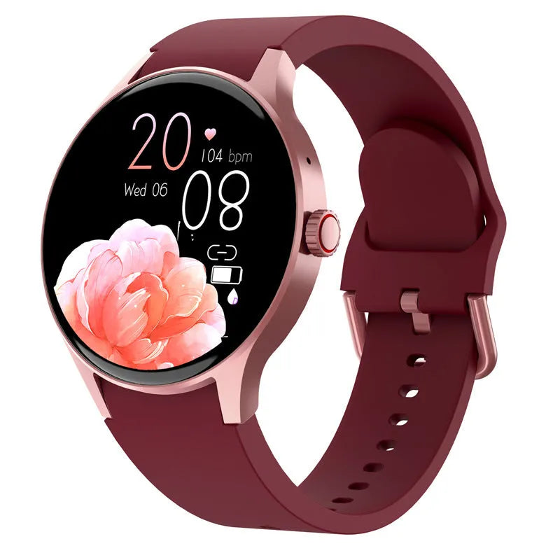 Round smartwatch with colour touchscreen display showing fitness metrics on wrist