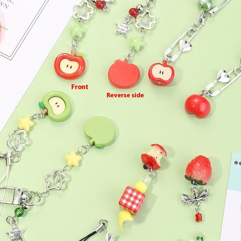 Plastic resin mobile phone charm keychain with fruit patterns including apple and strawberry designs