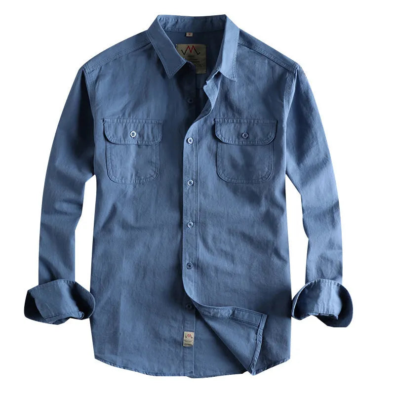 British retro style men's long sleeve cotton shirt in solid light blue colour with cardigan design