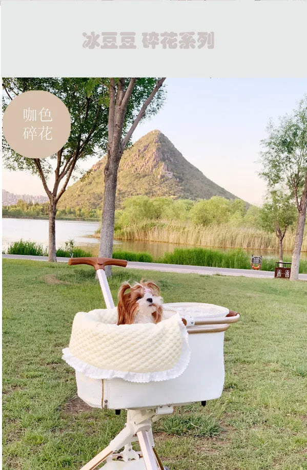 Pet stroller accessory set showing cotton anti-dirty towel, cushion, and pillow in a floral pattern.