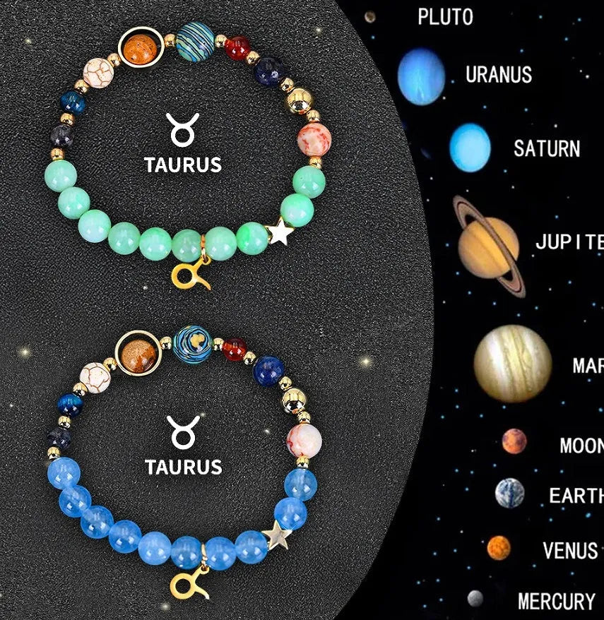 Natural stone beaded bracelets for twelve zodiac signs with adjustable thread closures