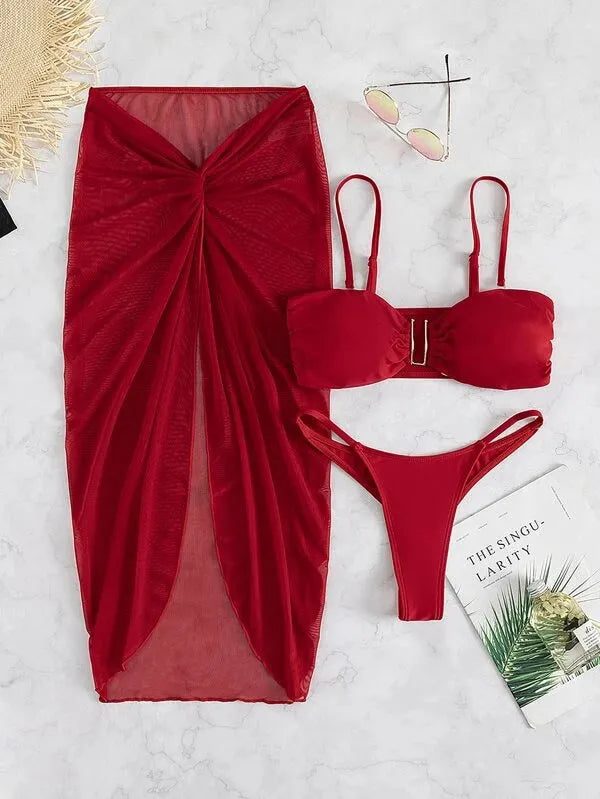 Women's French style three-piece bikini set with long culottes skirt in solid colour
