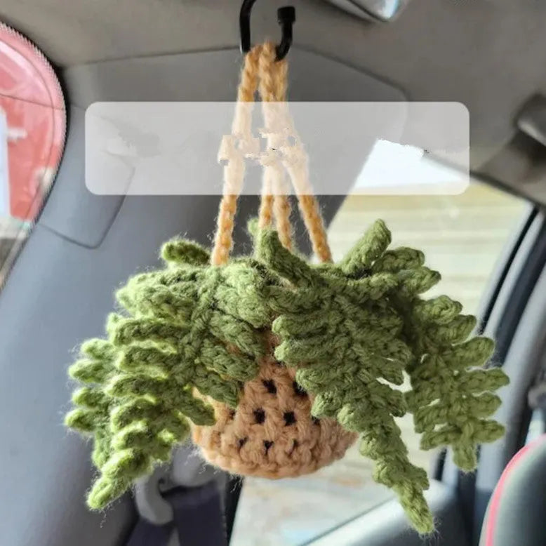 Green and white knitted wool car plant decoration with 25cm hanging rope