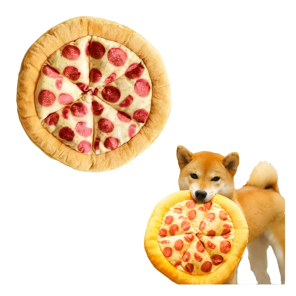 Yellow pizza slice dog chewing toy with squeaker made from teddy fabric
