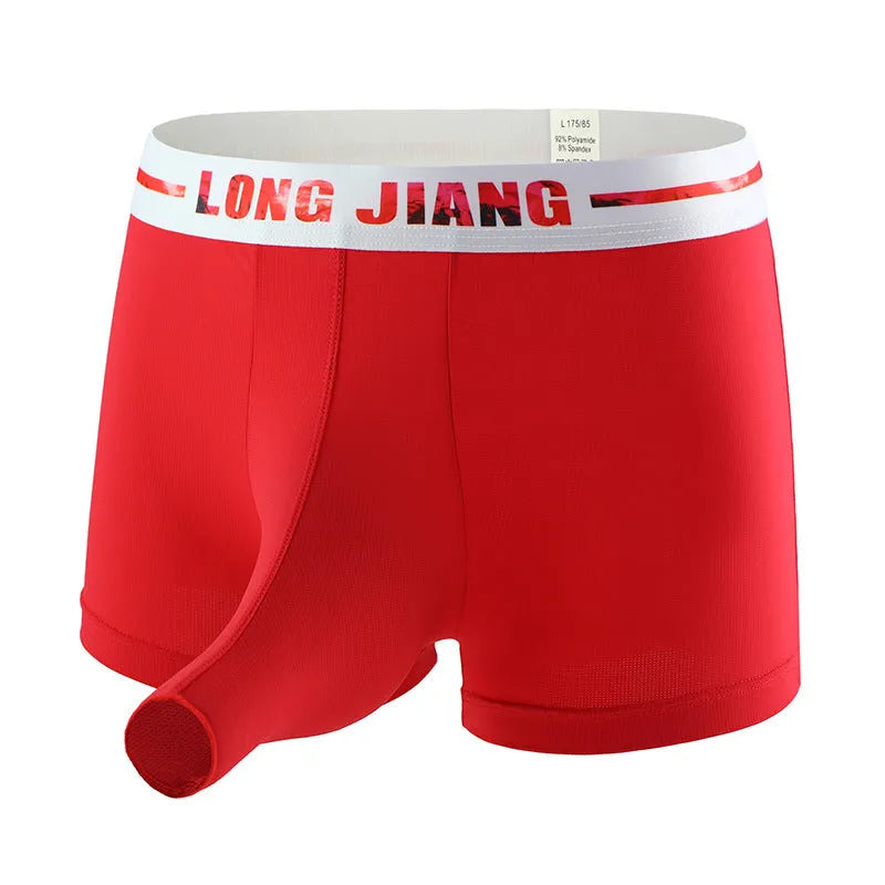 Men's ice silk trunk open boxer briefs on a solid background, showing the mid-waist fit.