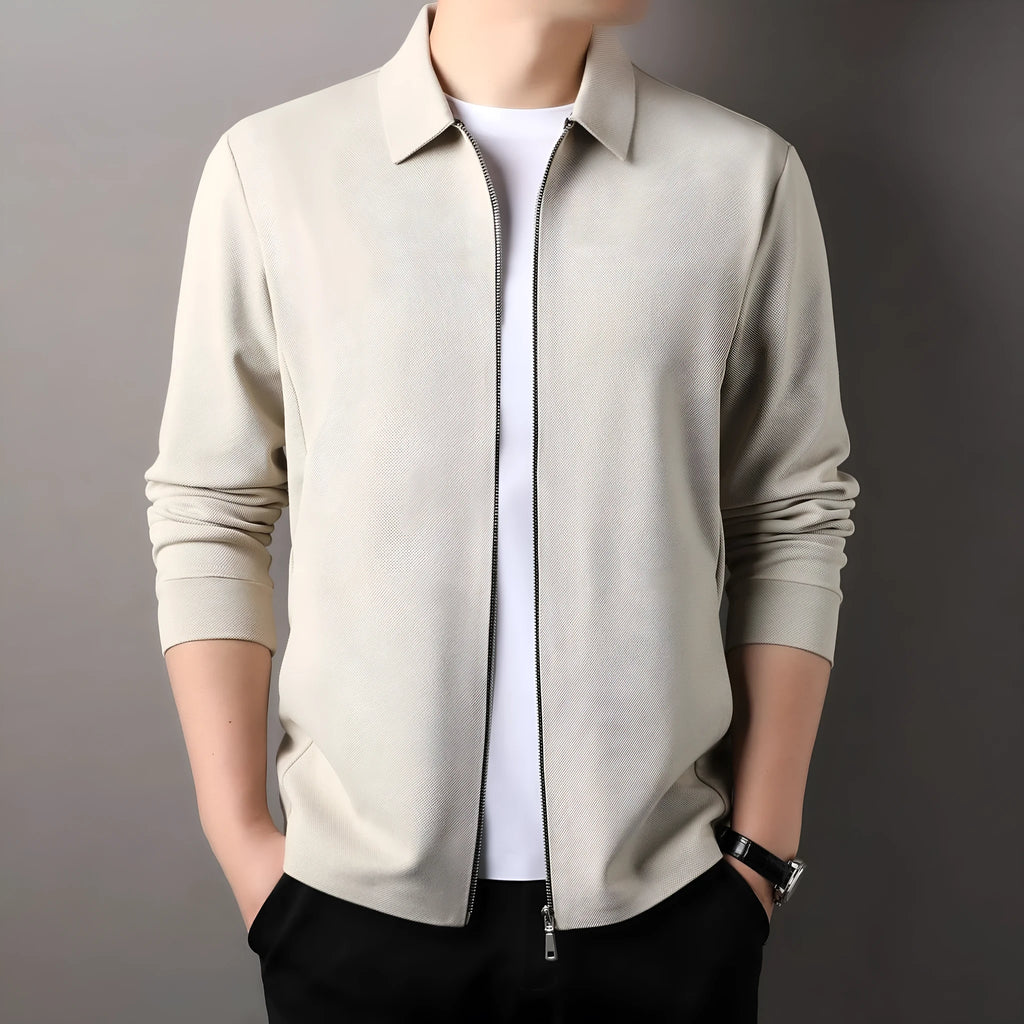Men's polyester casual business jacket in apricot, black, or dark grey with long sleeves and straight hem.