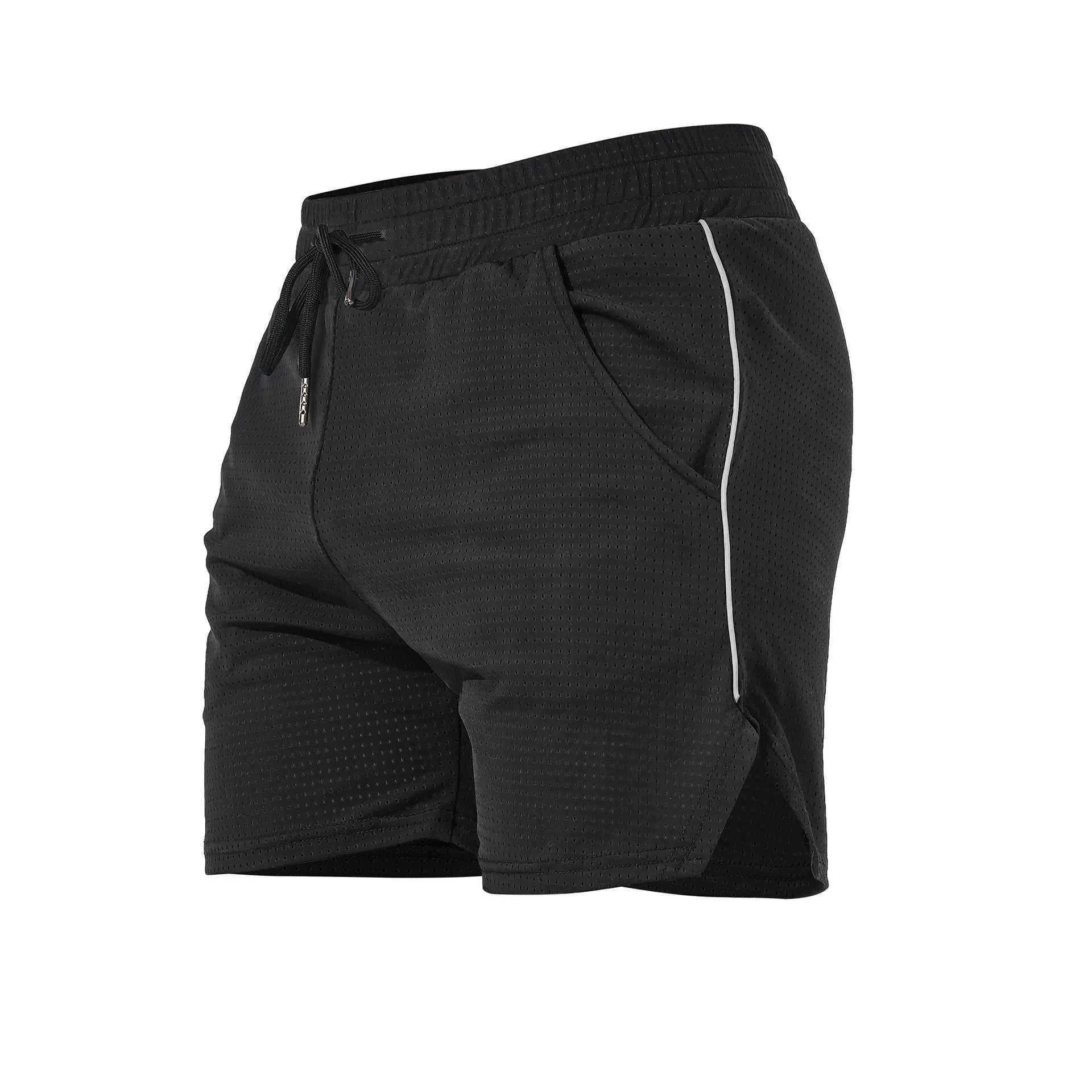 Man wearing straight-leg polyester fitness shorts in grey, showing casual sports style.