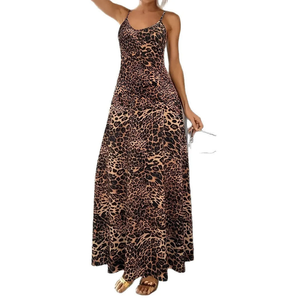 Women's dark brown leopard print dress with round neck and sleeveless design