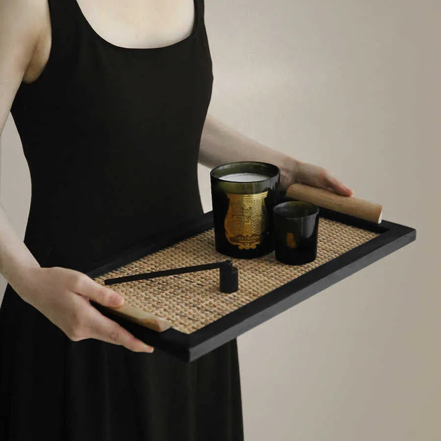 Pine wood dining tray with internal compartments for organisation.