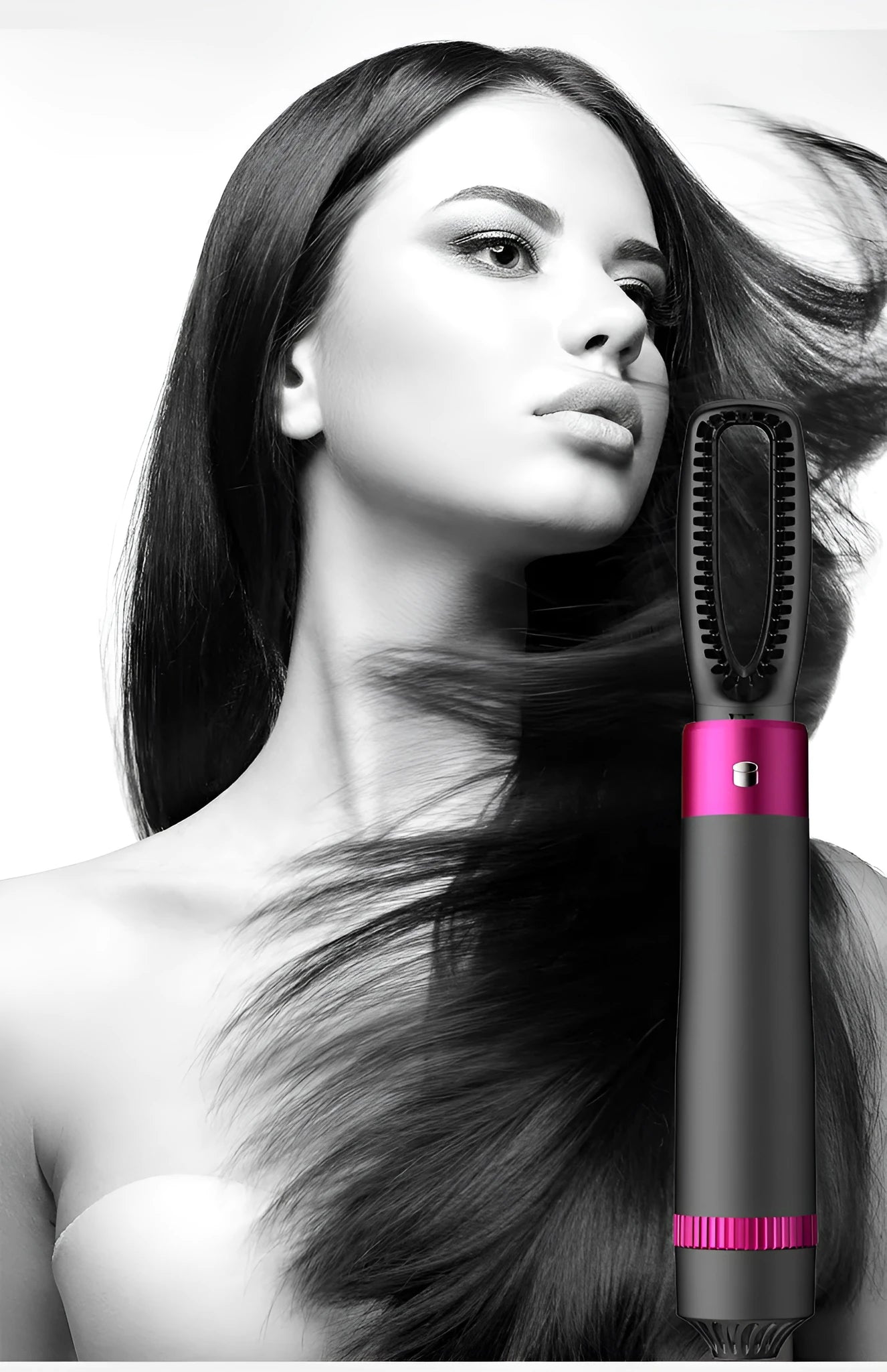 Dyson grey 5 in 1 hair dryer brush styling tool with multiple brush attachments on white background