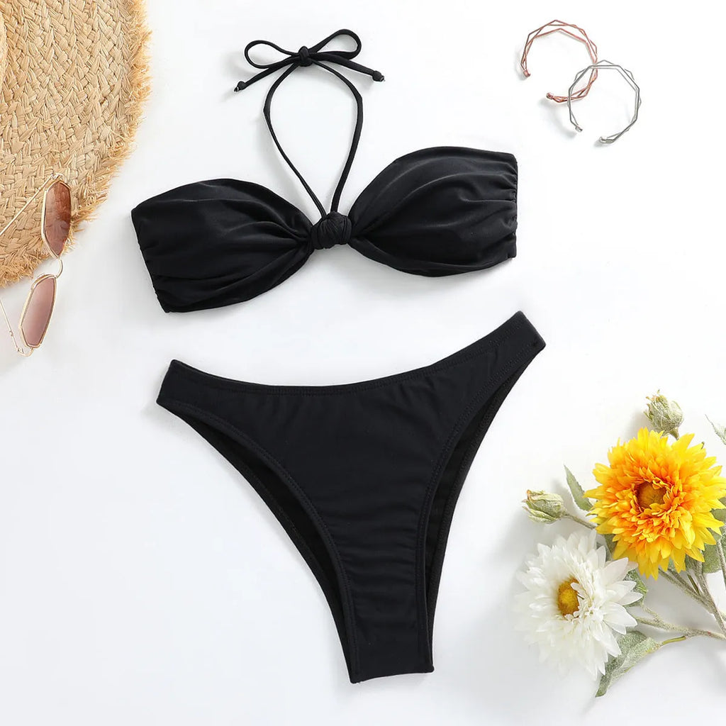 Black women's bikini set with lace-up tube top and briefs style bottoms
