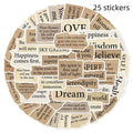 Pack of 25 torn English design decorative PVC stickers on a white background.