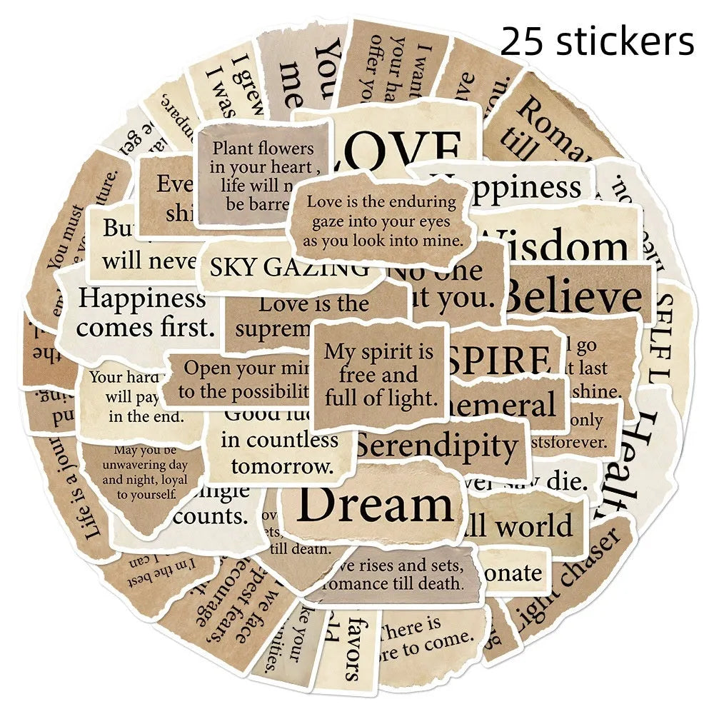 Pack of 25 torn English design decorative PVC stickers on a white background.