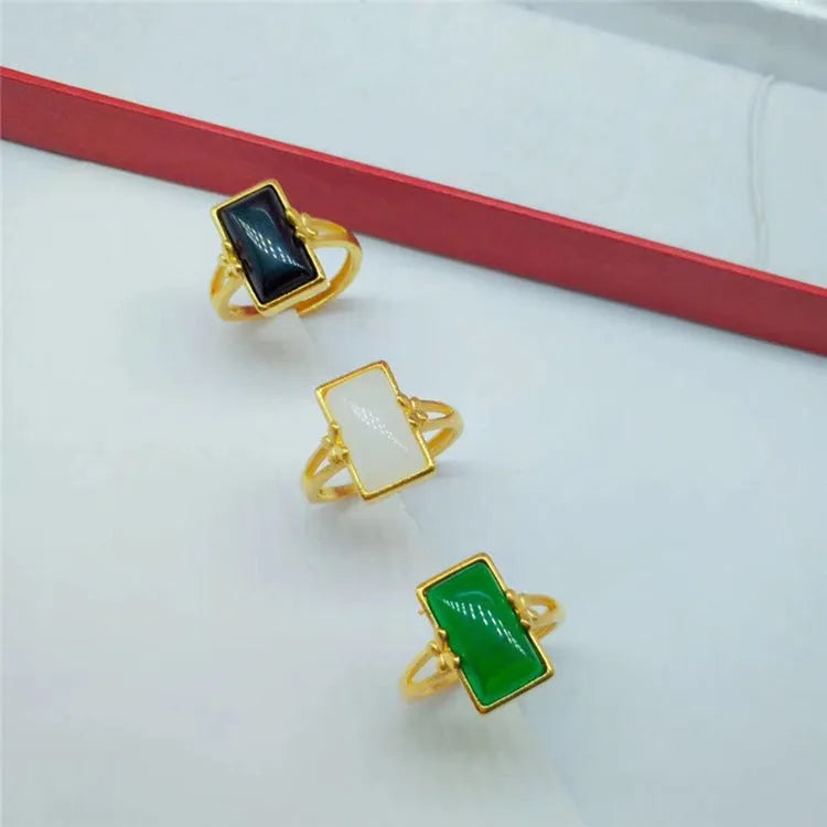 Adjustable brass gold-plated ring with long gemstone in national style design
