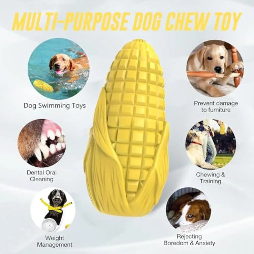 Blue corn-shaped dog chew toy with surface grooves and squeaker for medium and large breed dogs