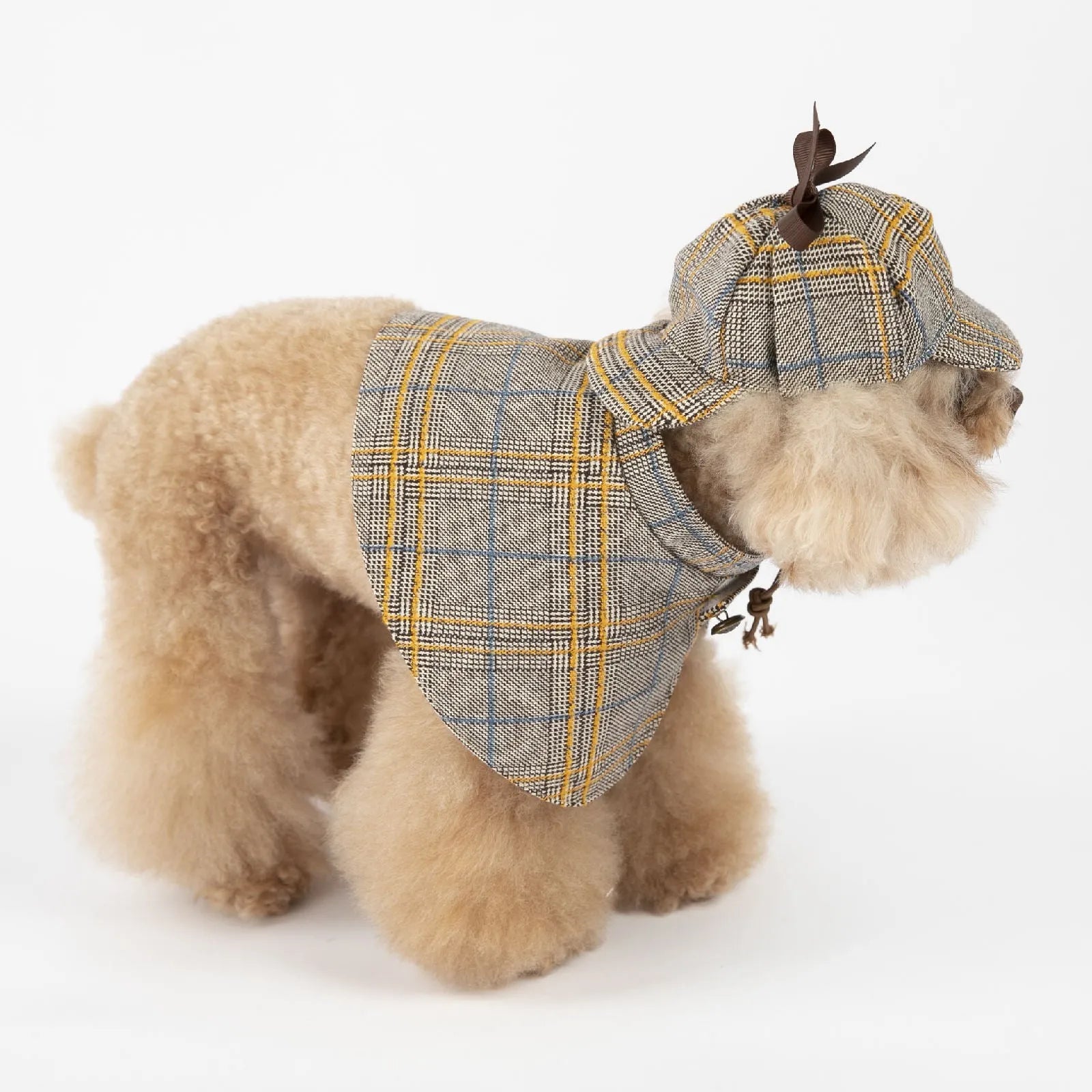 Camel-coloured cotton cloak for a pet with an adjustable hat, shown in a detective suit style.