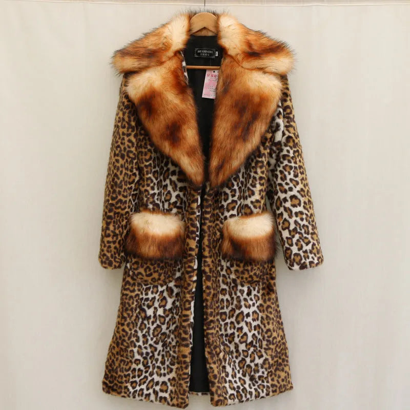 Women's long leopard print artificial fur jacket with regular sleeves on mannequin
