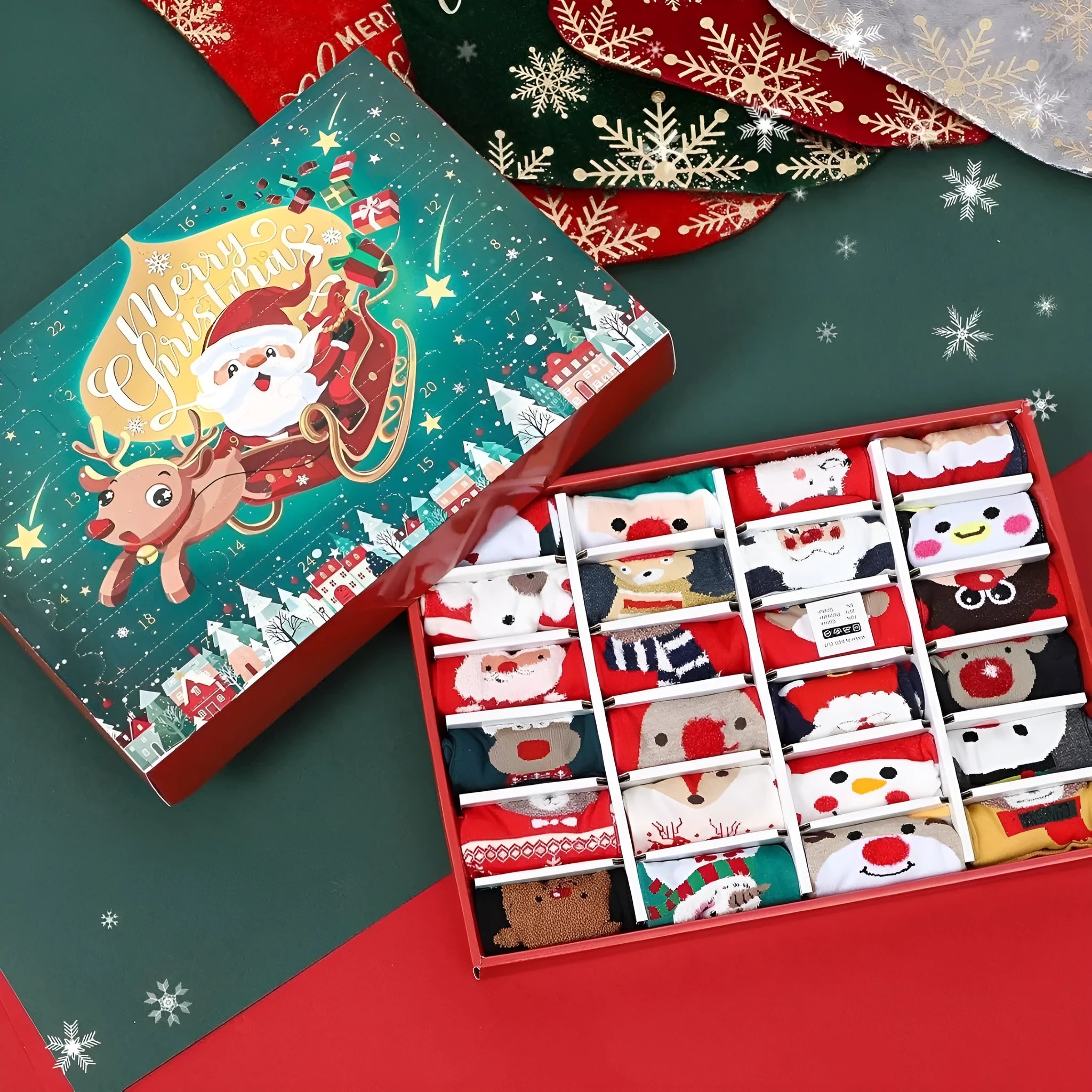 Miniature Christmas stocking decoration from a blind box, made of red and white resin and plastic.