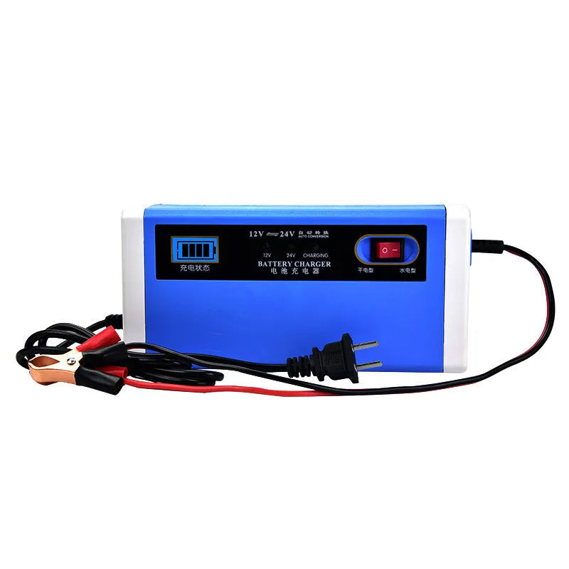 Blue car motorcycle storage battery charger with UK plug and indicator light, 22x10x7cm