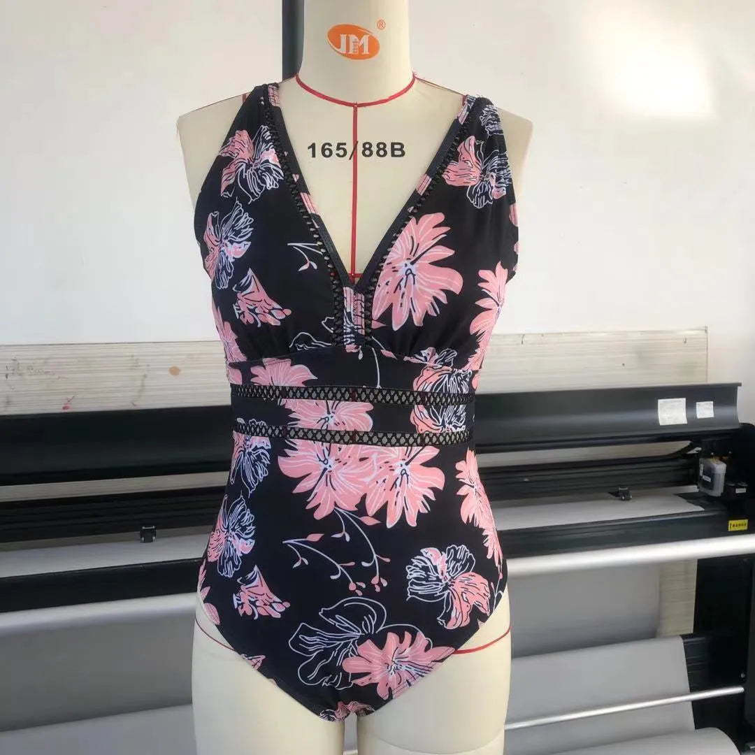 Black printed plus size bikini swimsuit for women with Siamese stitching on polyester mesh fabric