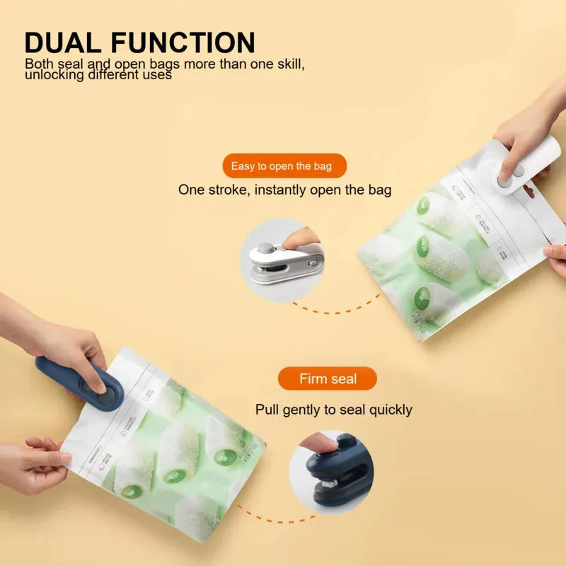 White and blue handheld USB rechargeable heat sealer with cutter blade.