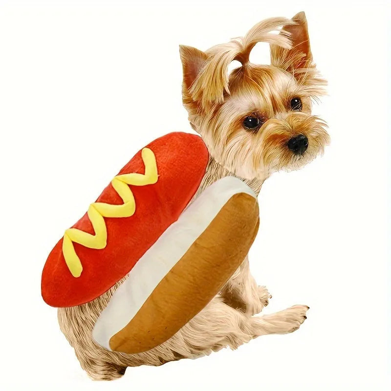 Hot dog costume for small to medium dogs and cats in stuffed design with three size options
