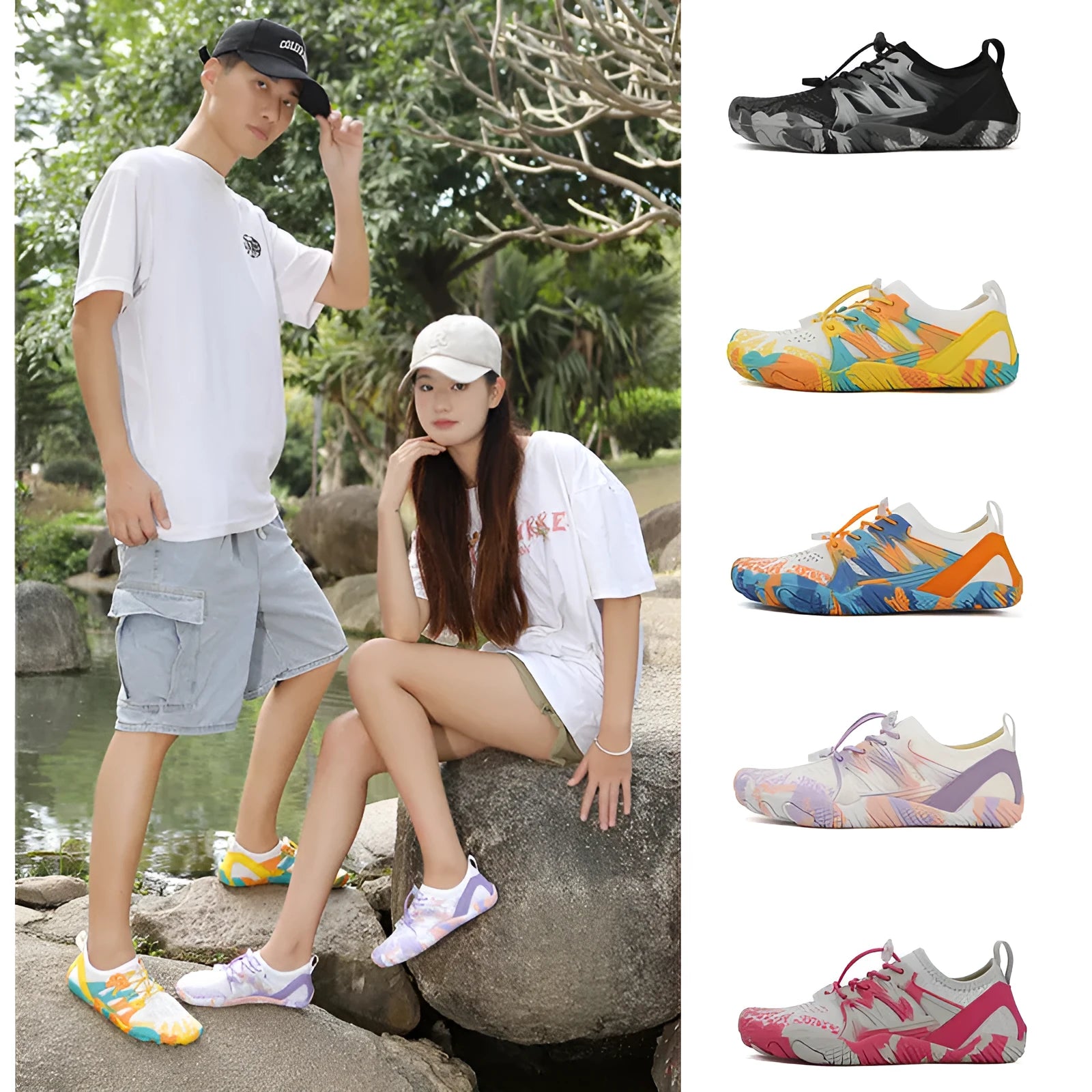 Men's and women's quick-drying lace-up wading shoes with mesh upper and textured rubber sole.