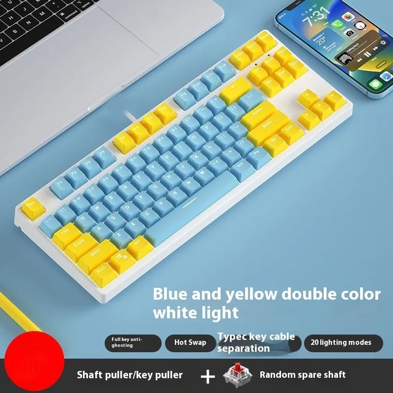 87-key wired mechanical gaming keyboard with hot-swappable switches shown in a two-tone colour scheme on a metal chassis.