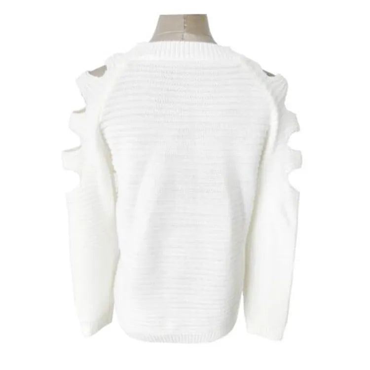 Women's grey knitted pullover shirt with round neck and crocheted hollow-out long sleeves