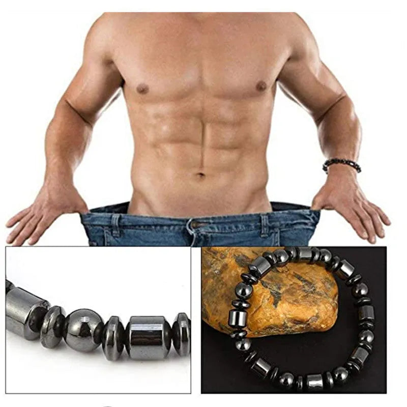 Black pentagram stone magnetic therapy bracelet with stretch fit on wrist