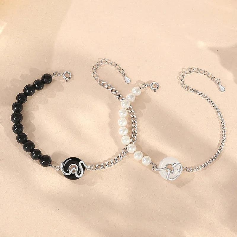 New Chinese style 925 sterling silver couple bracelet with obsidian pearl and snake zodiac design