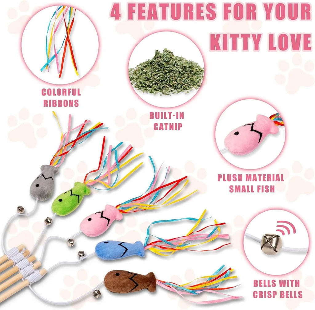 Cat wand toy with wooden handle showing colourful ribbons, catnip fish and bell attachments for interactive feline play