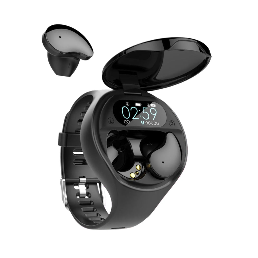 Black detachable smart bracelet and Bluetooth headset combo with colour screen and TWS earphones.