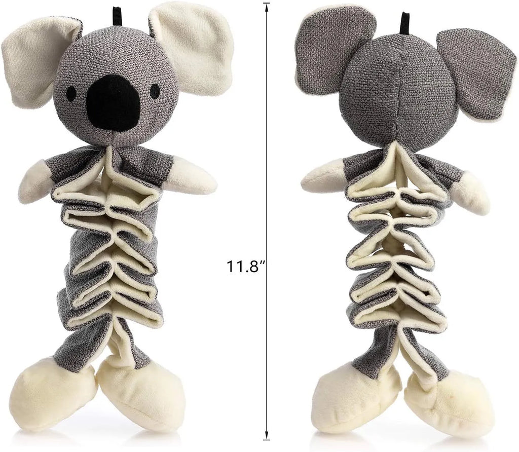 Grey koala plush dog toy measuring 30cm with crinkle paper squeaker and rope reinforcement