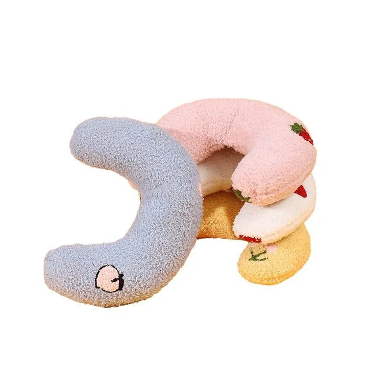 U-shaped half moon pet pillow for cats with cartoon dogs and cats design in blue colour