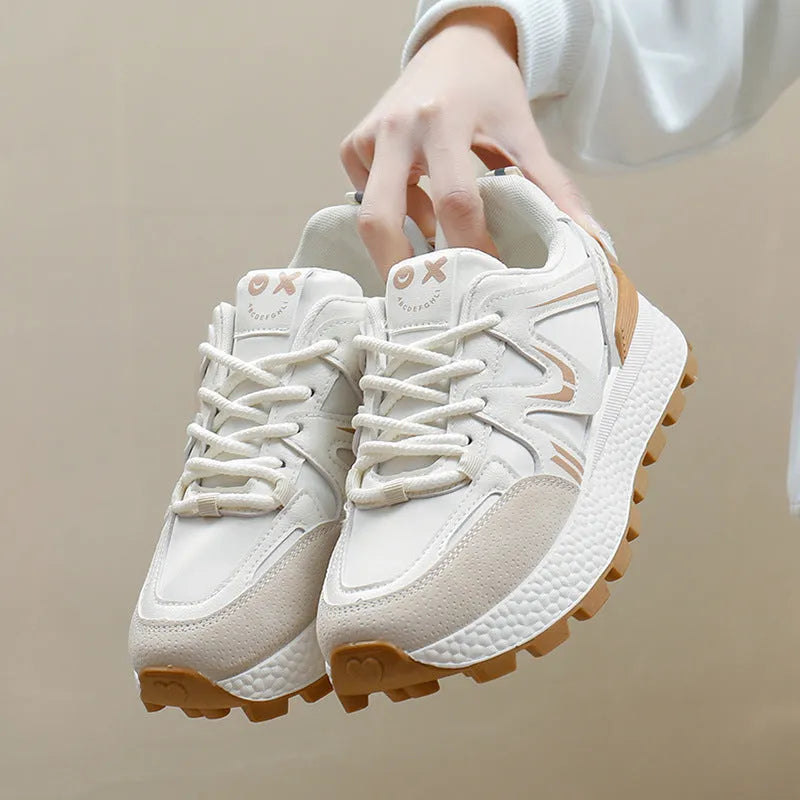 Women's lace-up casual sports shoes in artificial PU with cotton lining, round toe and flat heel design