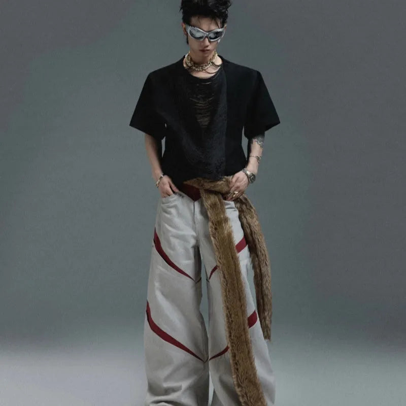 Men's loose black V-neck short sleeve T-shirt with tassel detail on hollow-out polyester fabric.