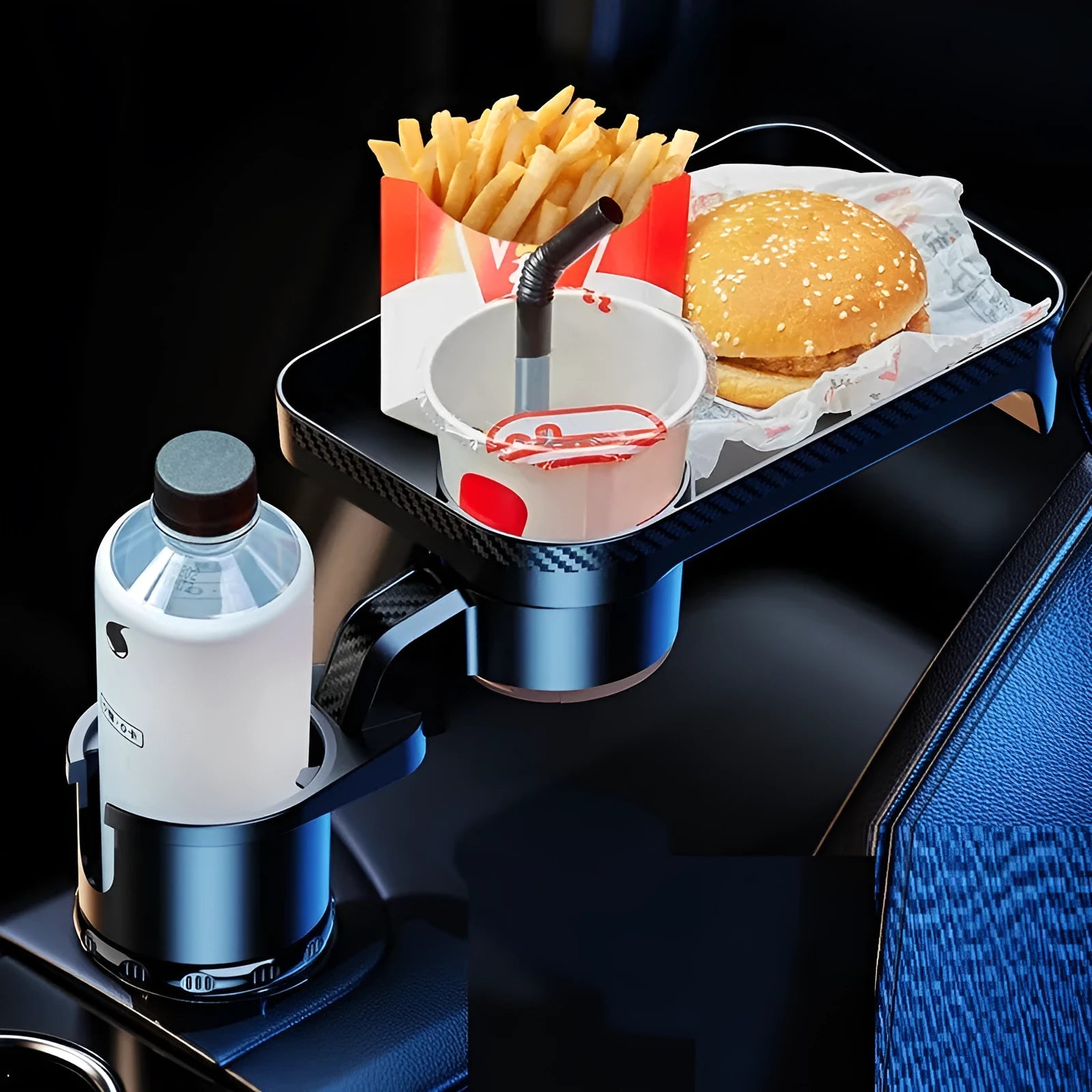 Black ABS plastic 360-degree rotating car dinner tray holder mounted in a vehicle cup holder.