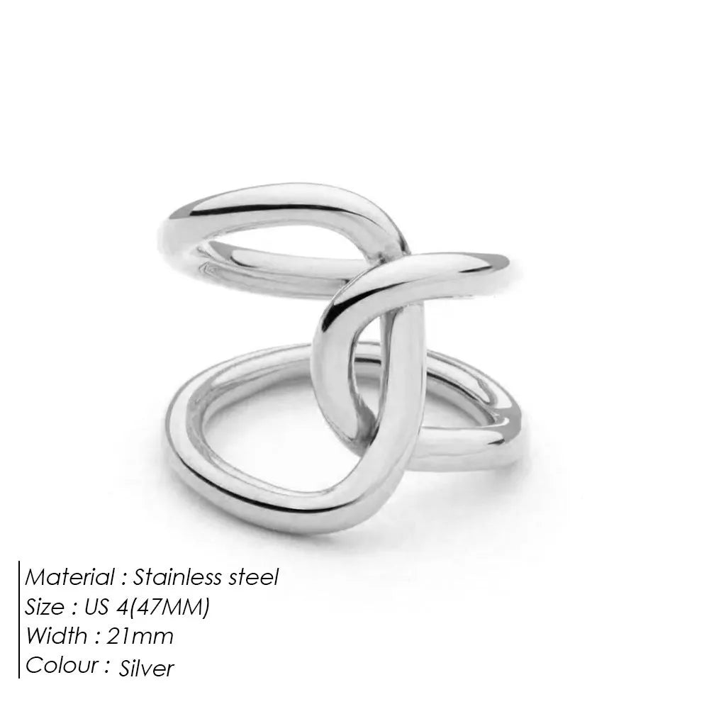 Geometric knot ring with U-shaped profile in stainless steel with adjustable opening mechanism