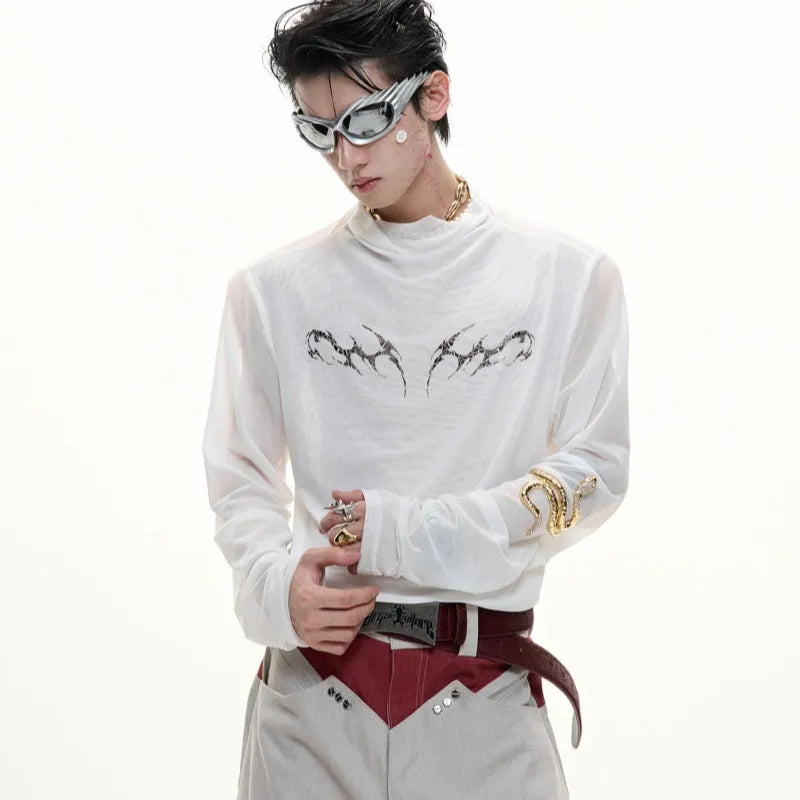 Slim fit black mesh bottoming shirt with long sleeves on a mannequin