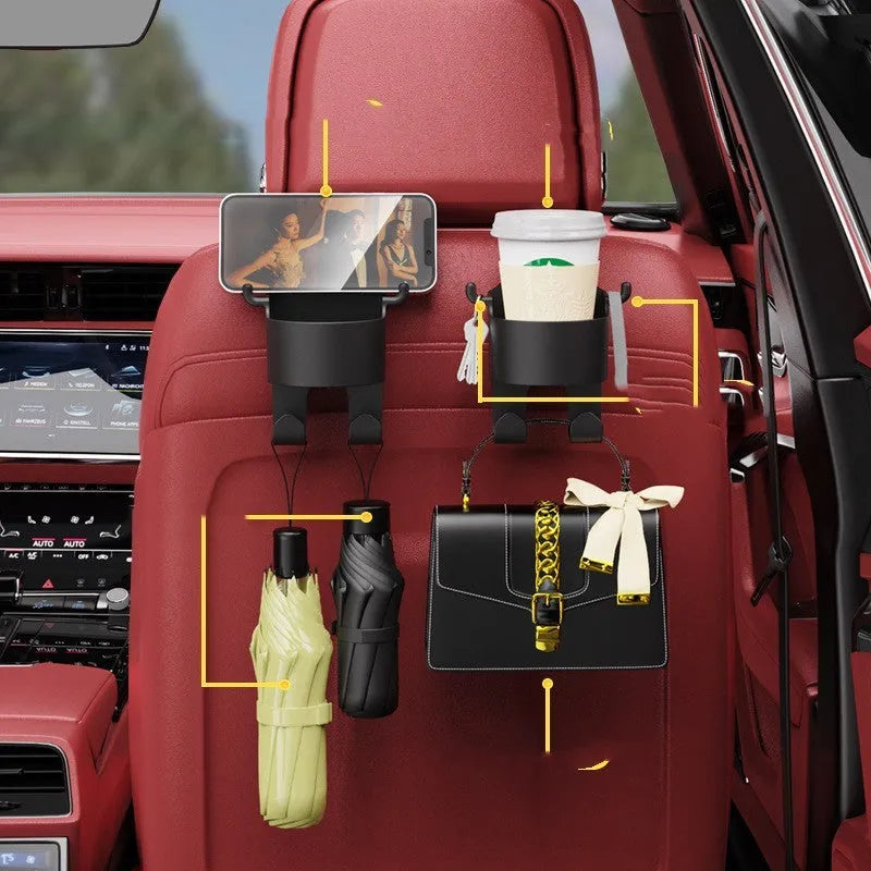 Black plastic car hook seat back organiser with cup holder and hook attachment
