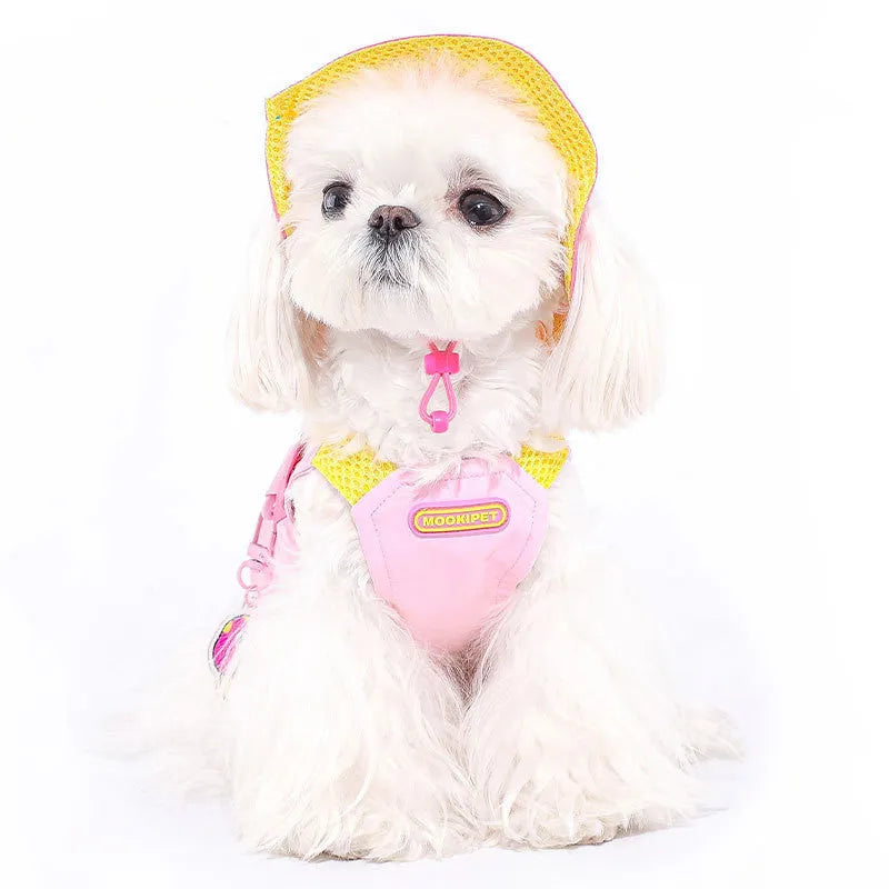 Pink polyester pet vest for small dog breeds on mannequin showing harness design