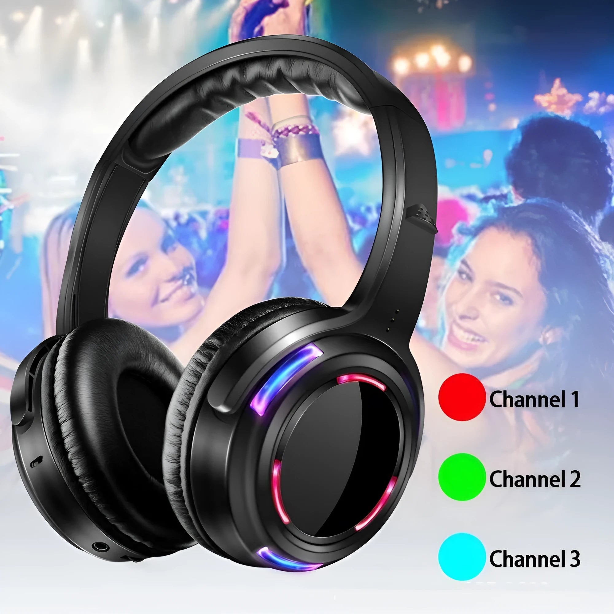 Black silent disco wireless headphones with 40mm speakers and 3.5mm connection cable